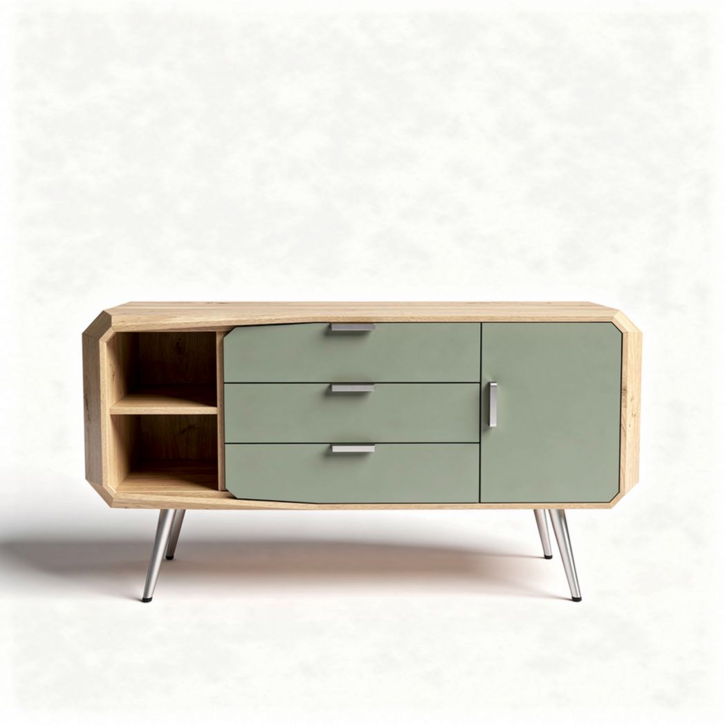 Dressoir van hout en kunststof met drie lades en een afmeting van 150 x 45 x 80cm