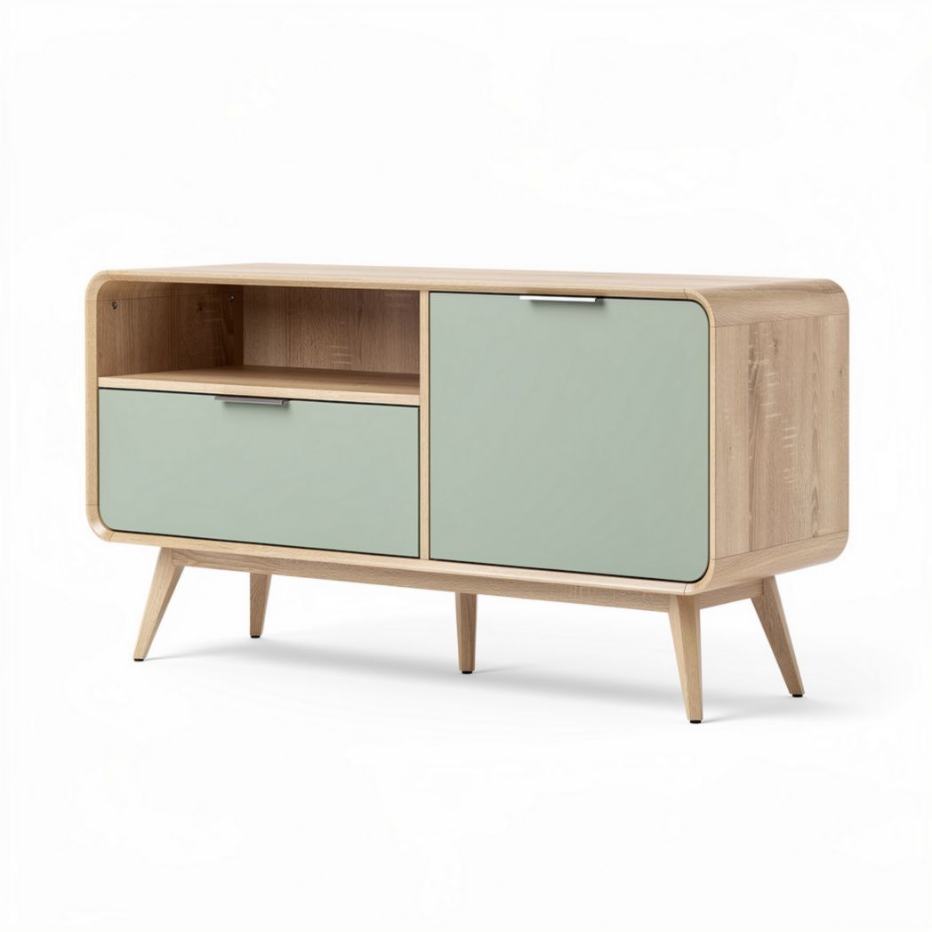 dressoir van hout met groene deuren en open opbergruimte 120 x 40 x 75cm