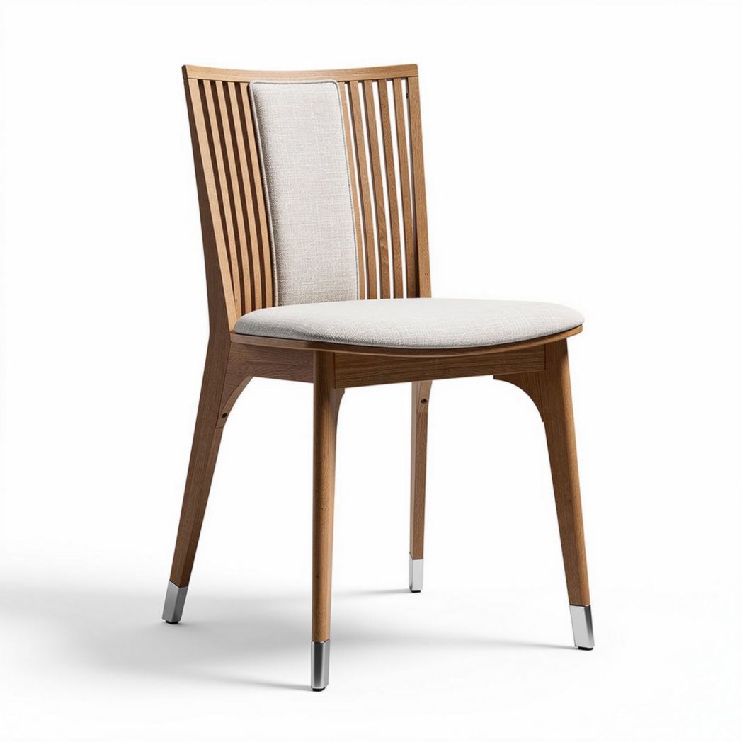 Houten eetstoel met een zachte zitting van beige stof 45 x 45 x 90cm