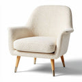 Zittingstoel van beige textiel met houten poten en afgeronde rugleuning