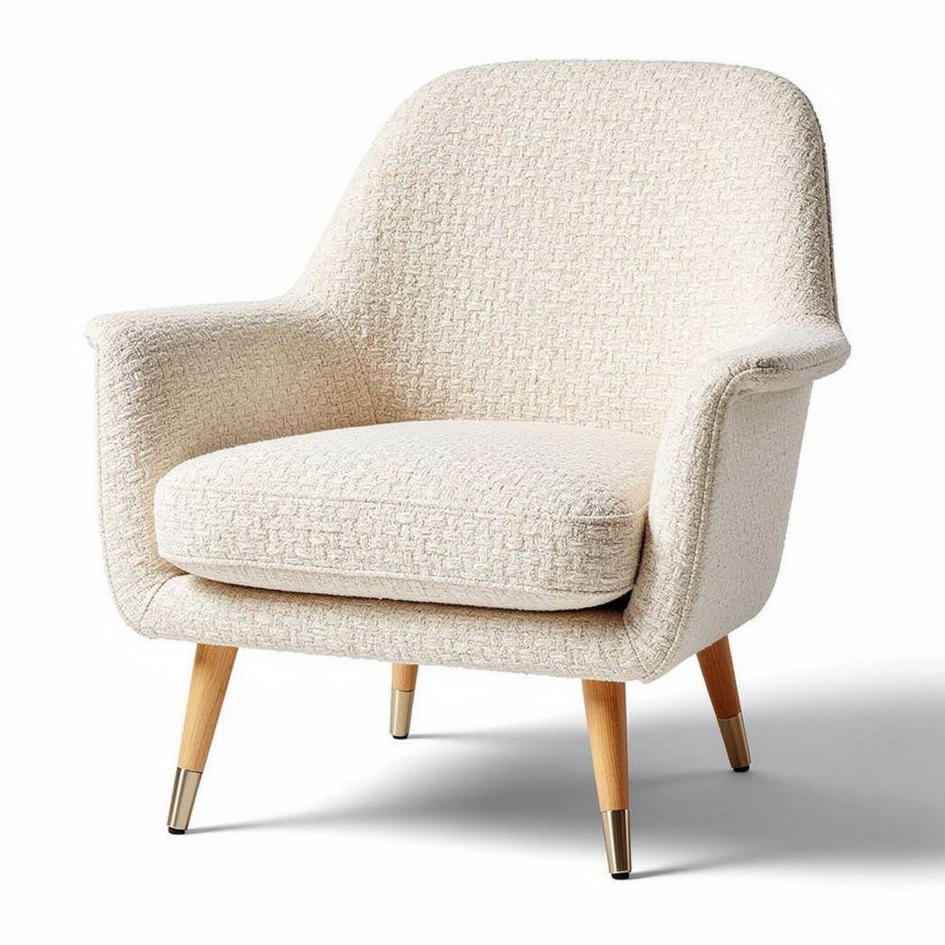 Zittingstoel van beige textiel met houten poten en afgeronde rugleuning